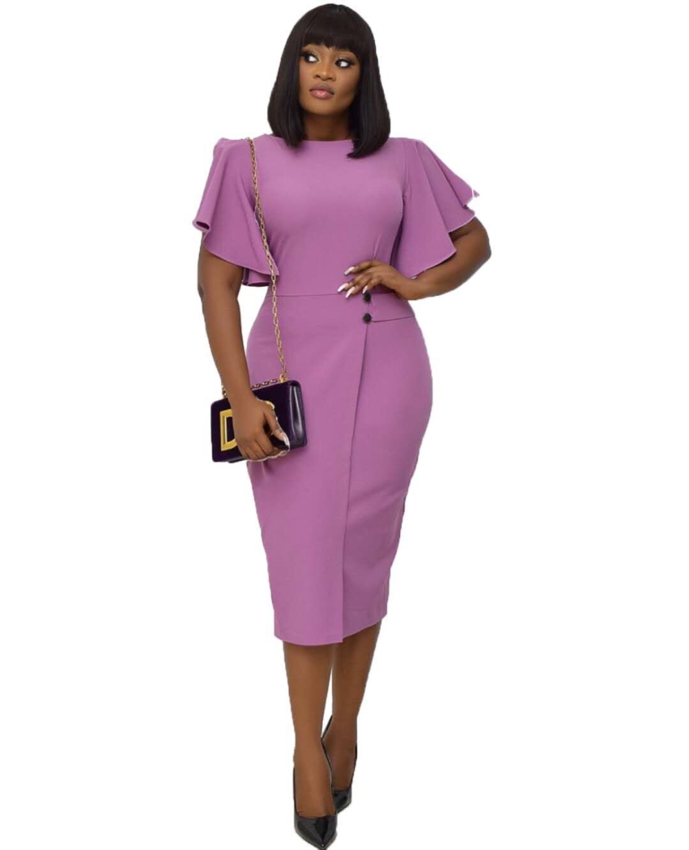 Solid Color Mature Midi Dress with Wide Cuffs