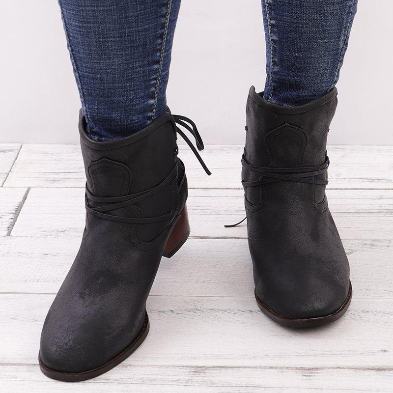 Vintage Low Heel Ankle Boots Plus Size PU Casual Back-lace Boots