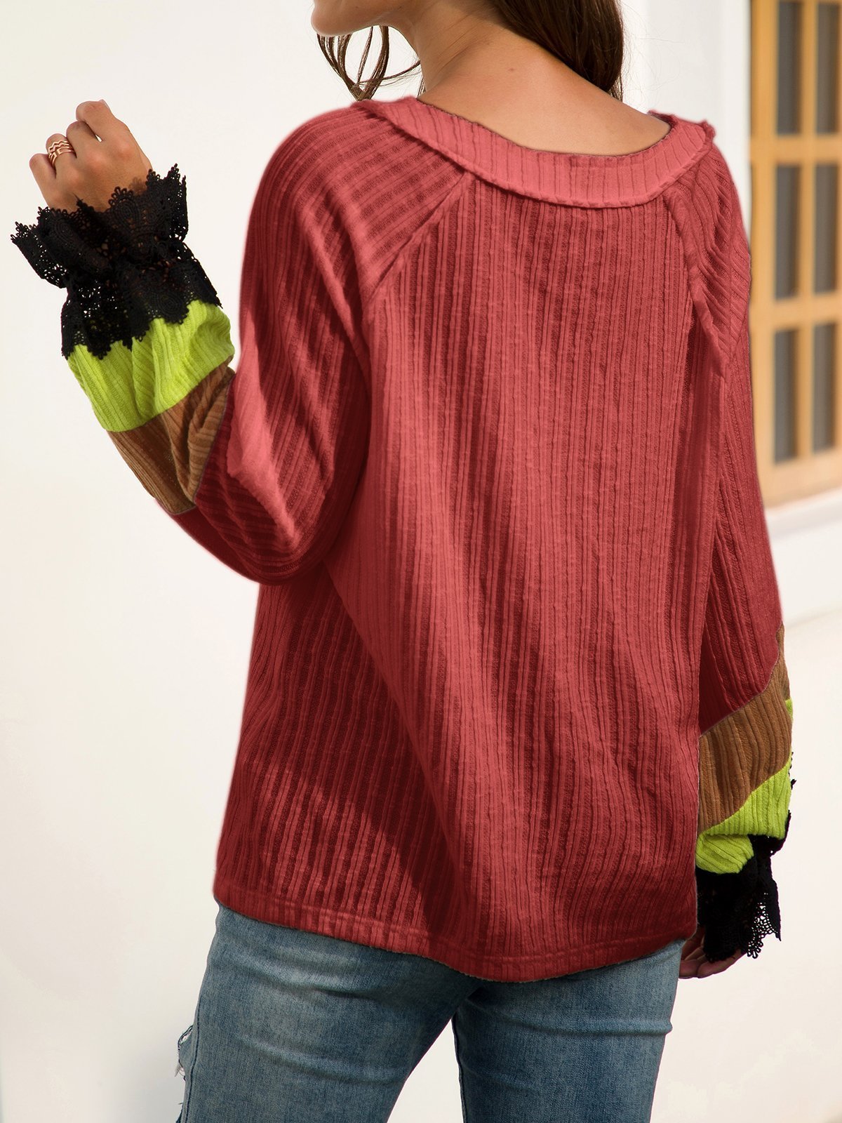 Casual V Neck Long Sleeve Beaded Shift Sweaters