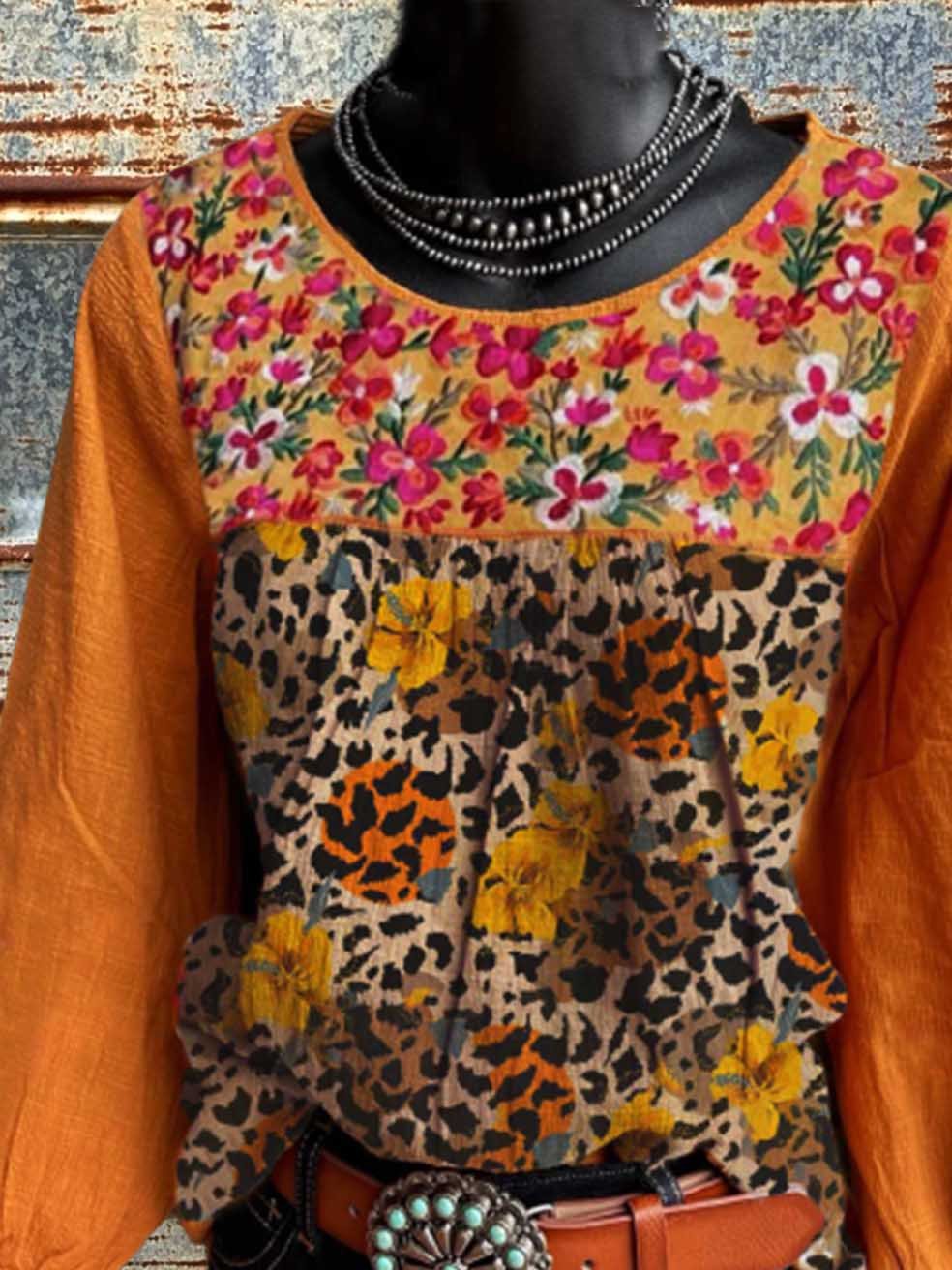 Cotton-Blend Leopard Long Sleeve Shirts & Tops