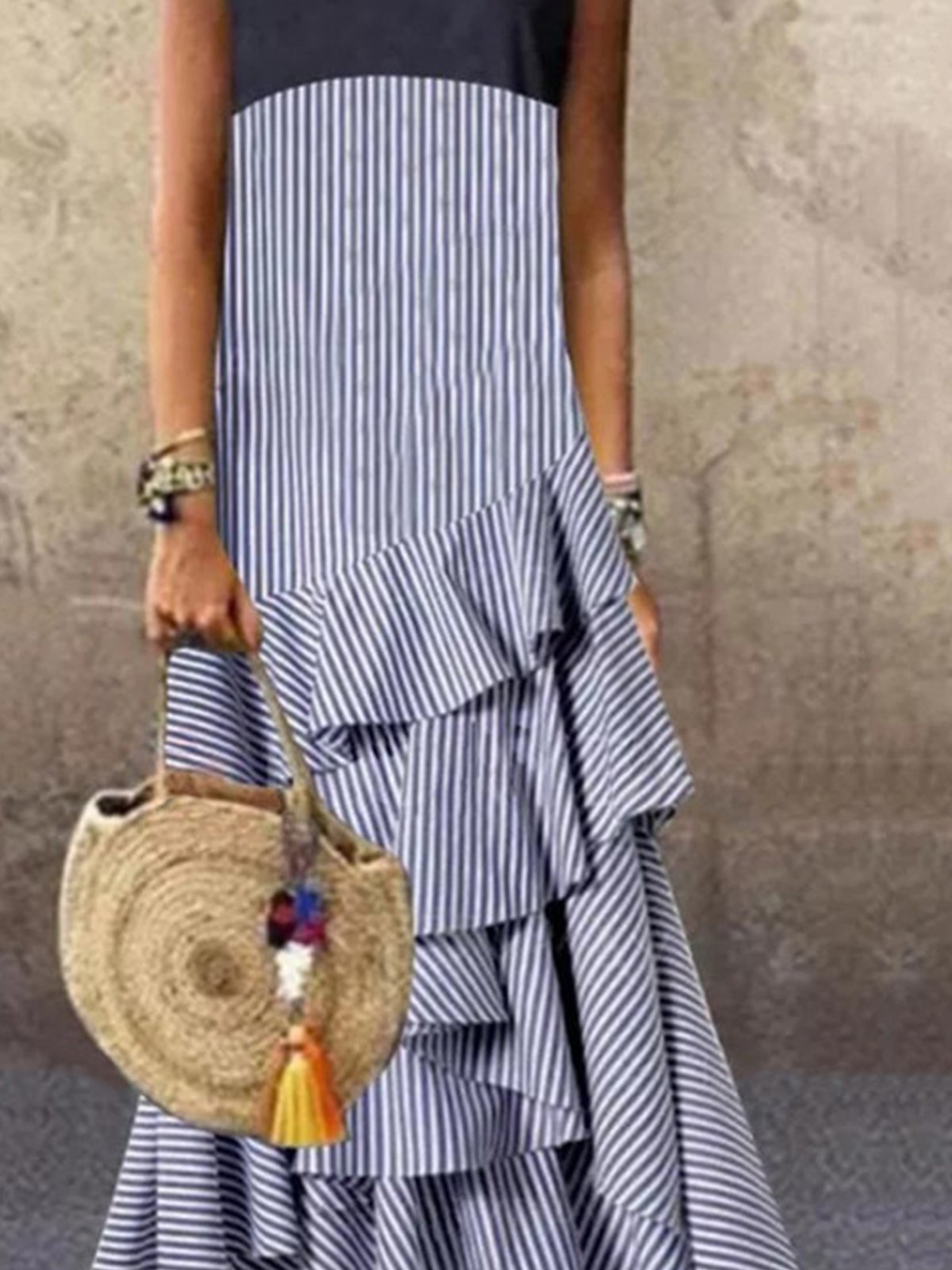 Stripe-Gray Holiday Stripes Swing Ruffled Sleeveless Dresses