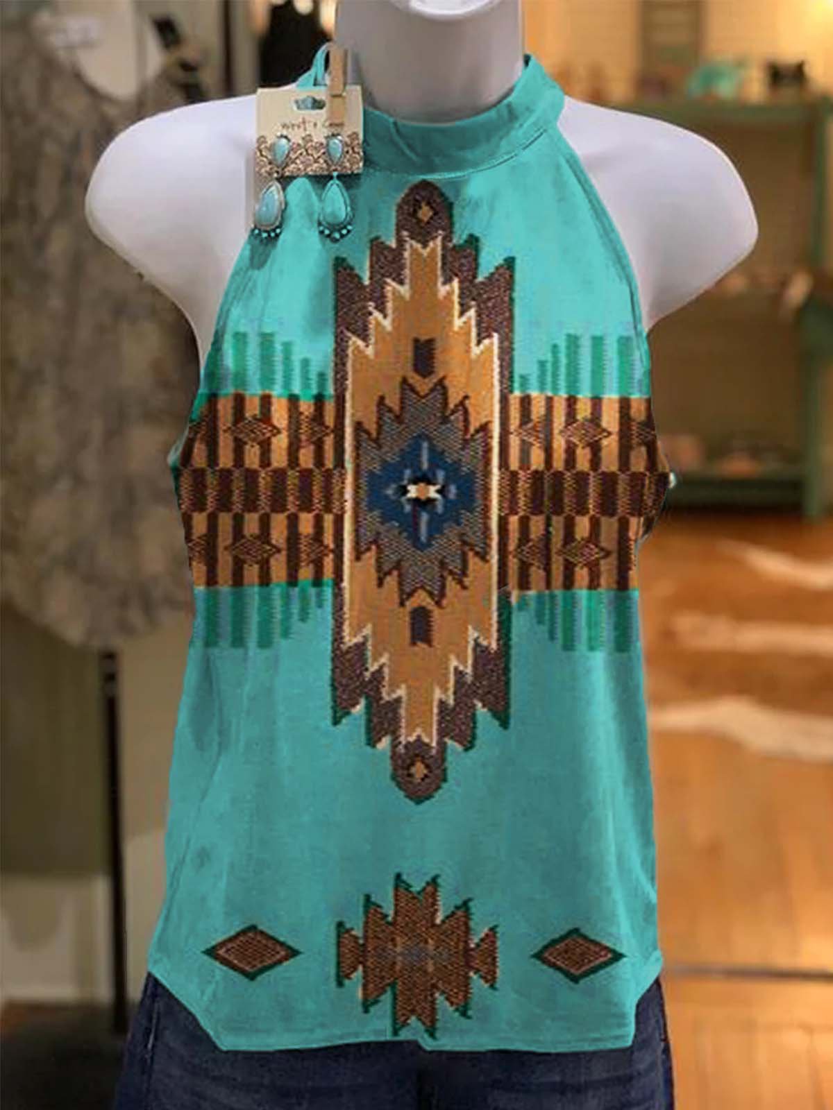 Geometric Sleeveless Cotton-Blend Shirts & Tops