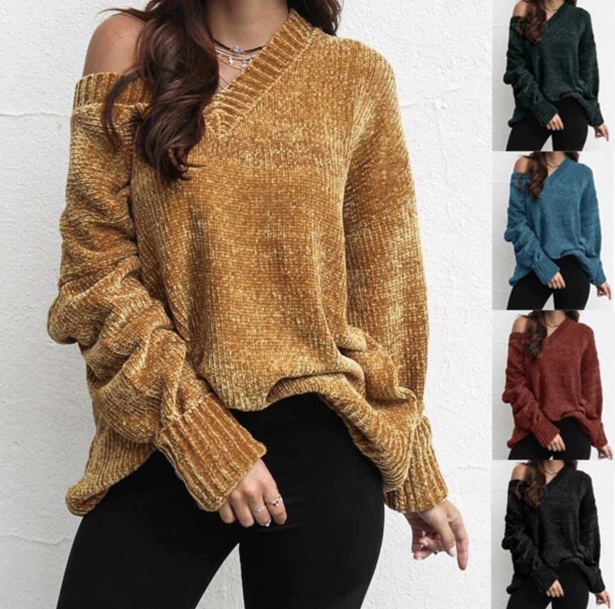 Casual Pure Color Joker V-Neck Chenille Knitting Sweater