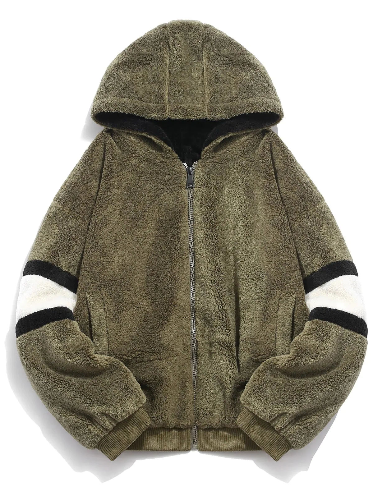 Faux Fur Panel Hooded Coat - Army Green