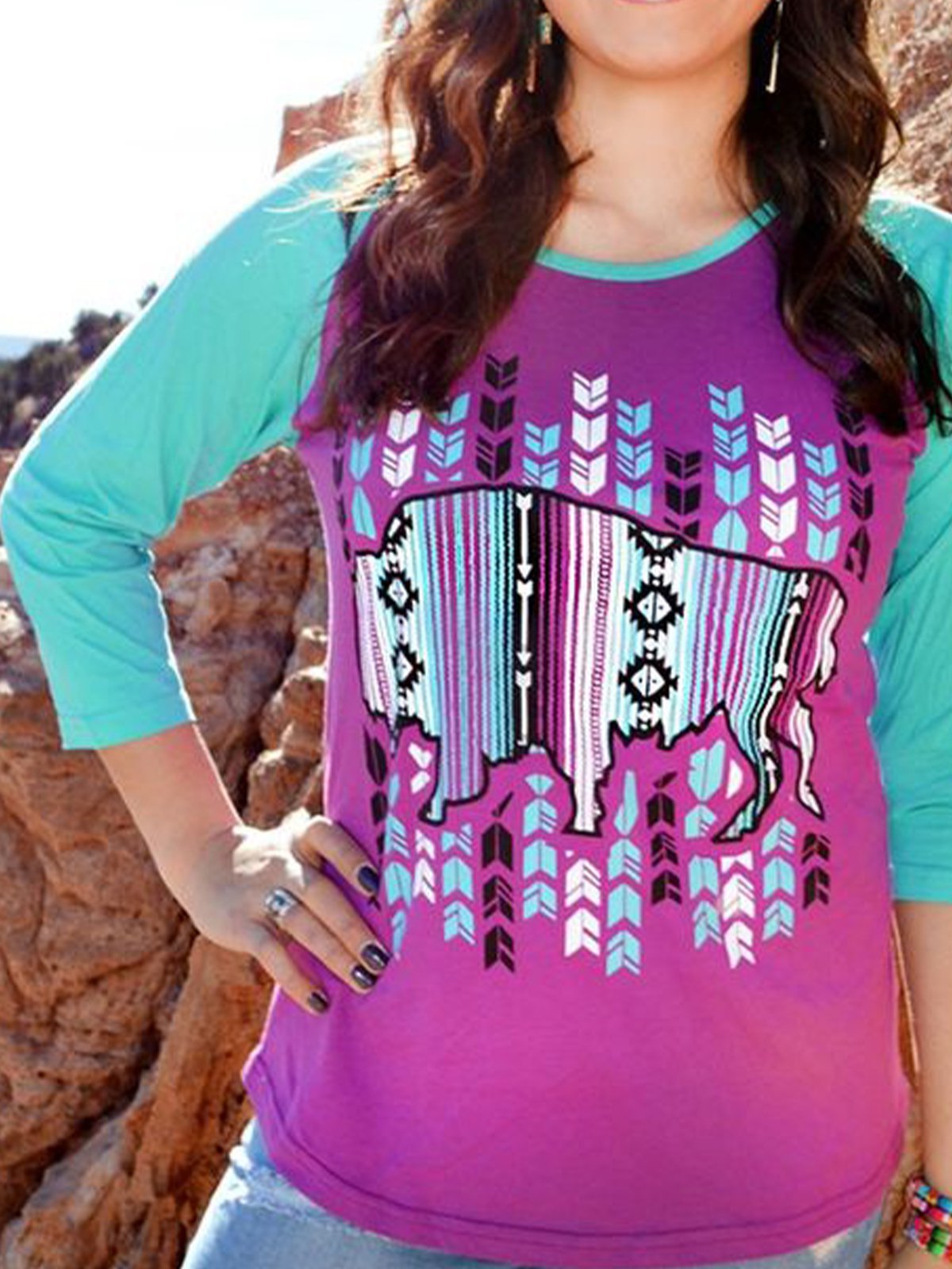 Longhorn Jersey Crew Neck Vintage Color-Block Shirts & Tops