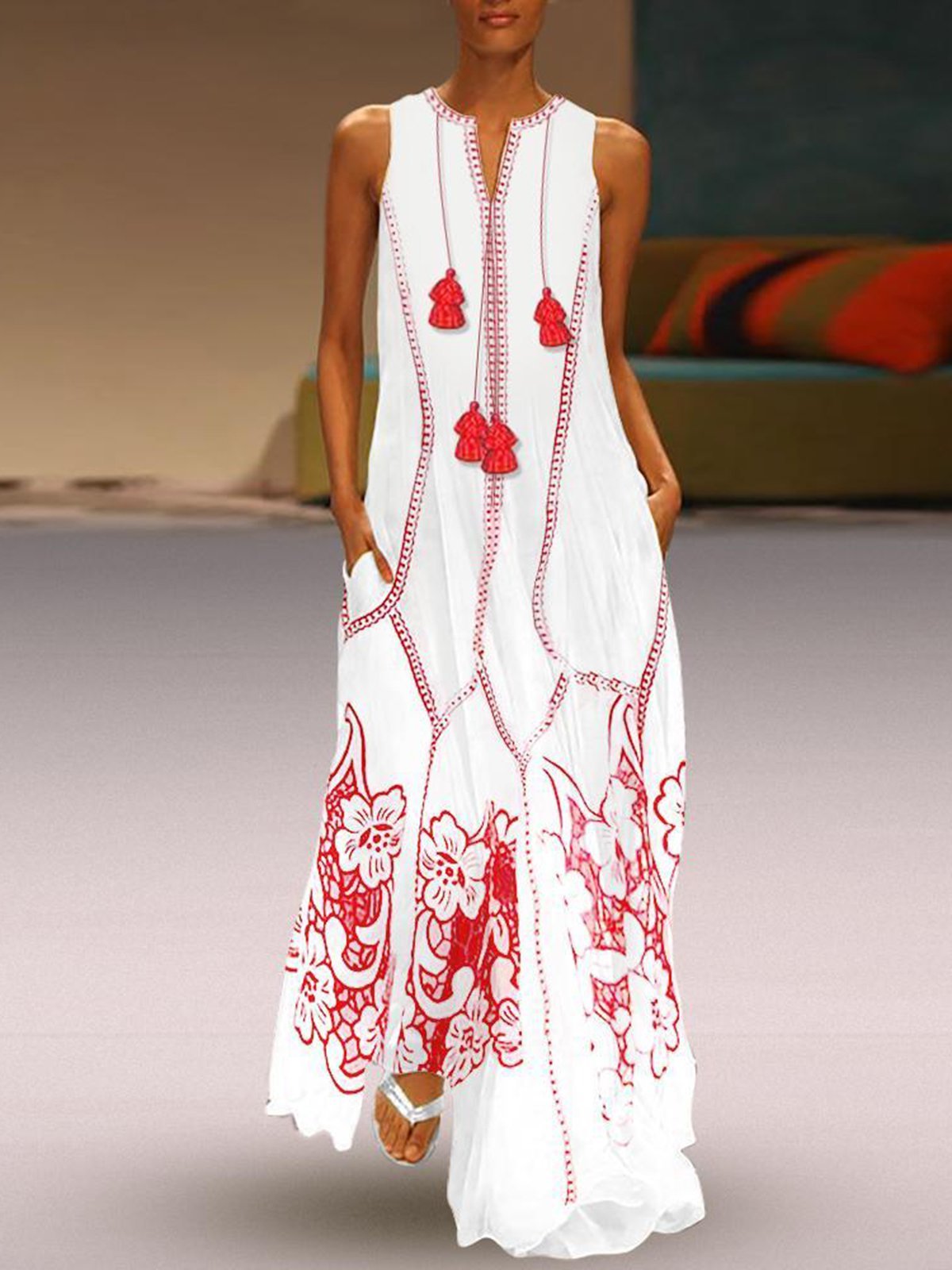 Plus Size Women White Casual Sleeveless Floral Linen Maxi Dresses