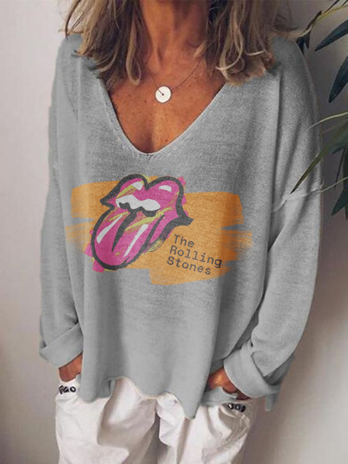 Gray Shift Abstract V Neck Casual Shirts & Tops