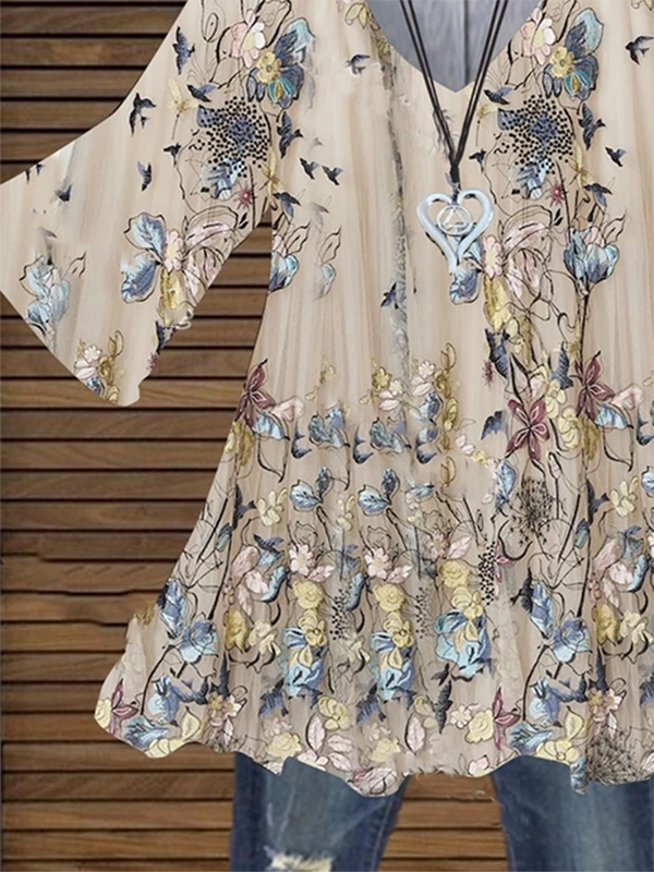 Short Sleeve Floral-Print Casual V Neck Shirts & Tops