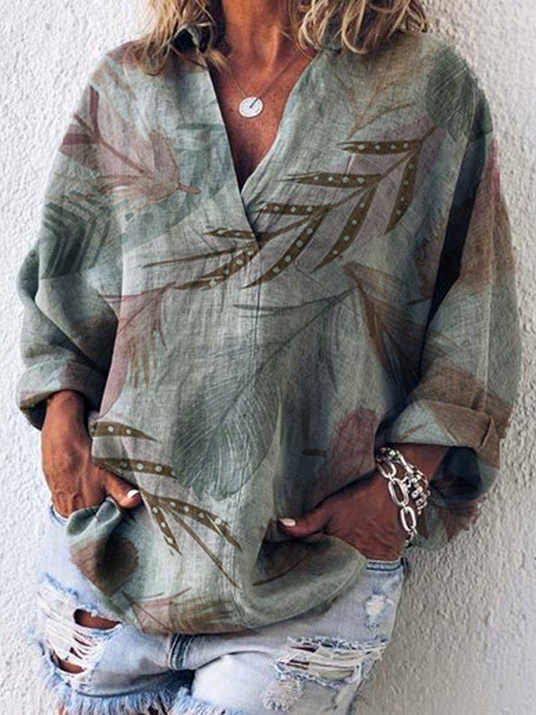 Plus Size Women Causal Tops Floral Printed Long Sleeve V Neck Shirts