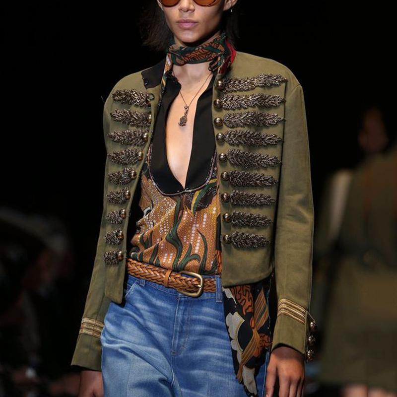 Classic Embroidery Stand Collar Long Sleeve Blazer