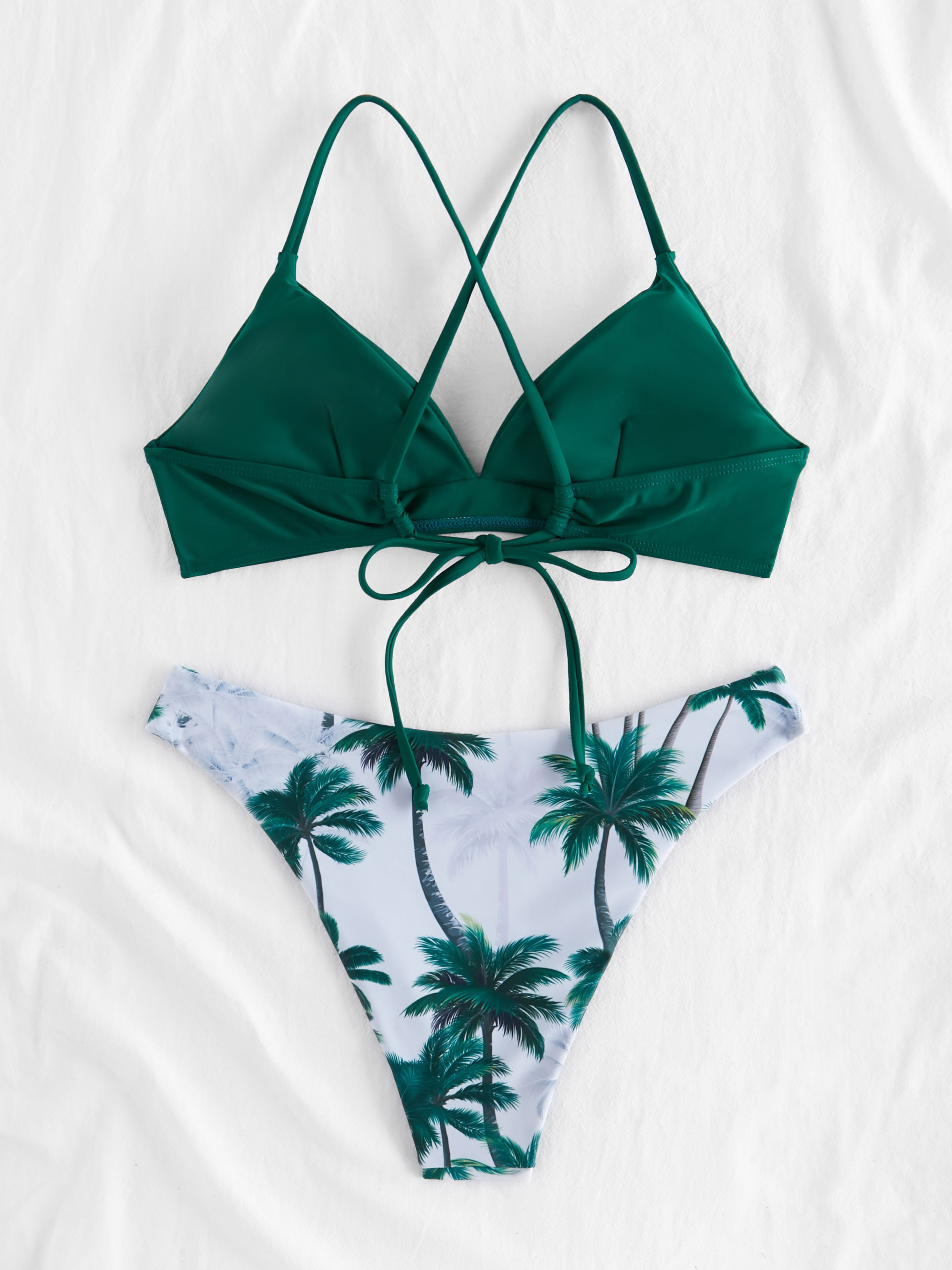 Palm Tree Print Back Lace Up Bikini