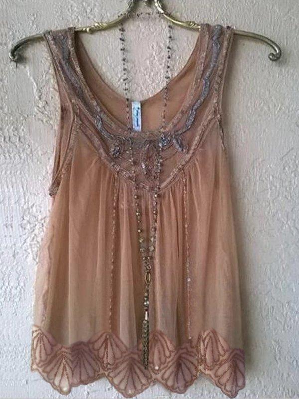 Wide Round Neck Sleeveless Mesh Casual Top