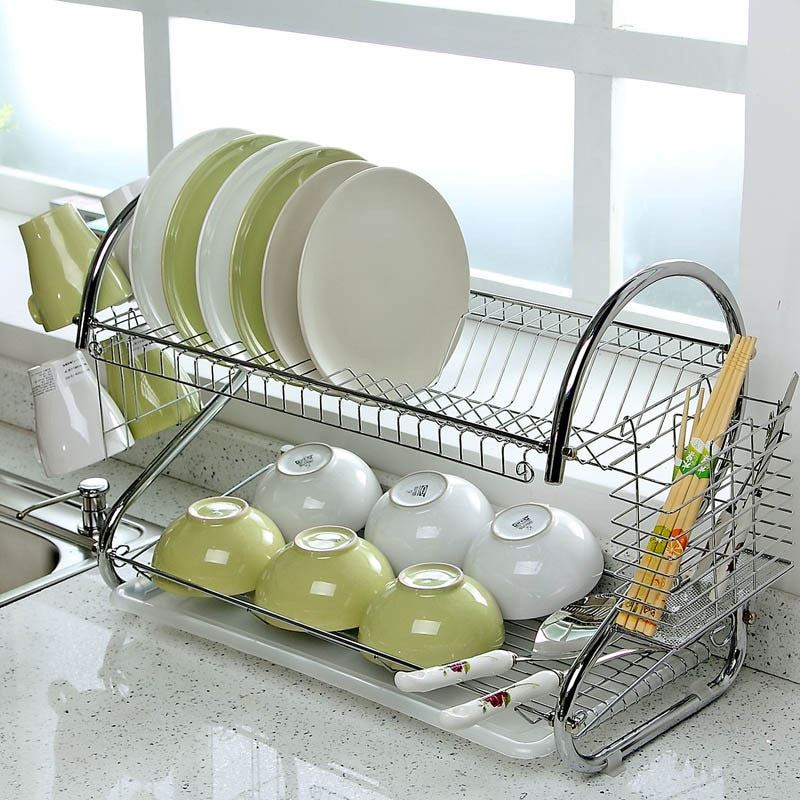 2 Tiers Dish Drying Rack Drainer Plate Holder Storage Shelf Kitchen Organizer