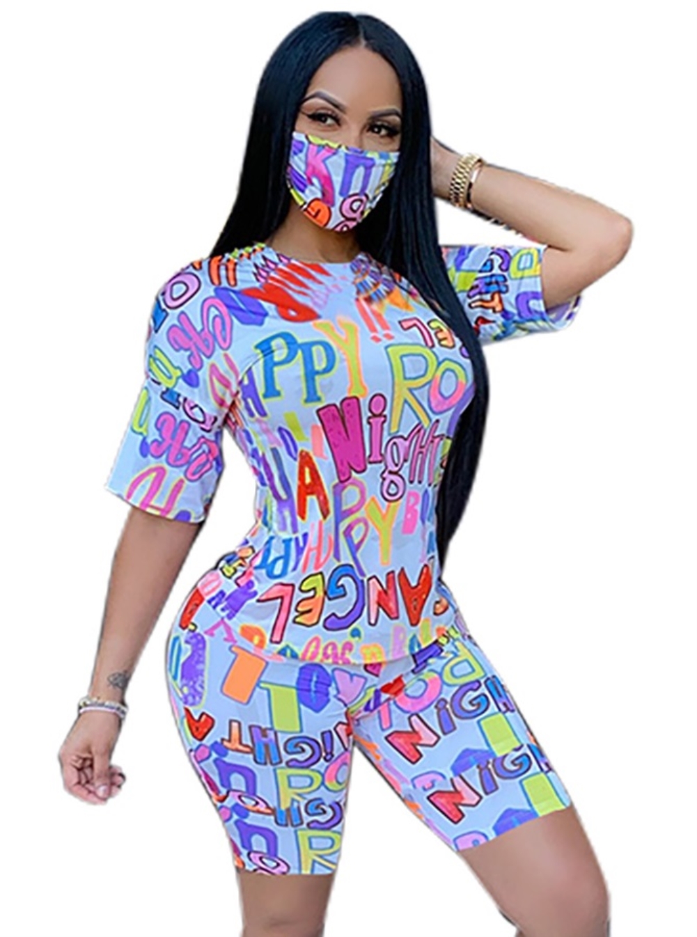 Summer Two Piece Letter Shorts Set with Face Cover