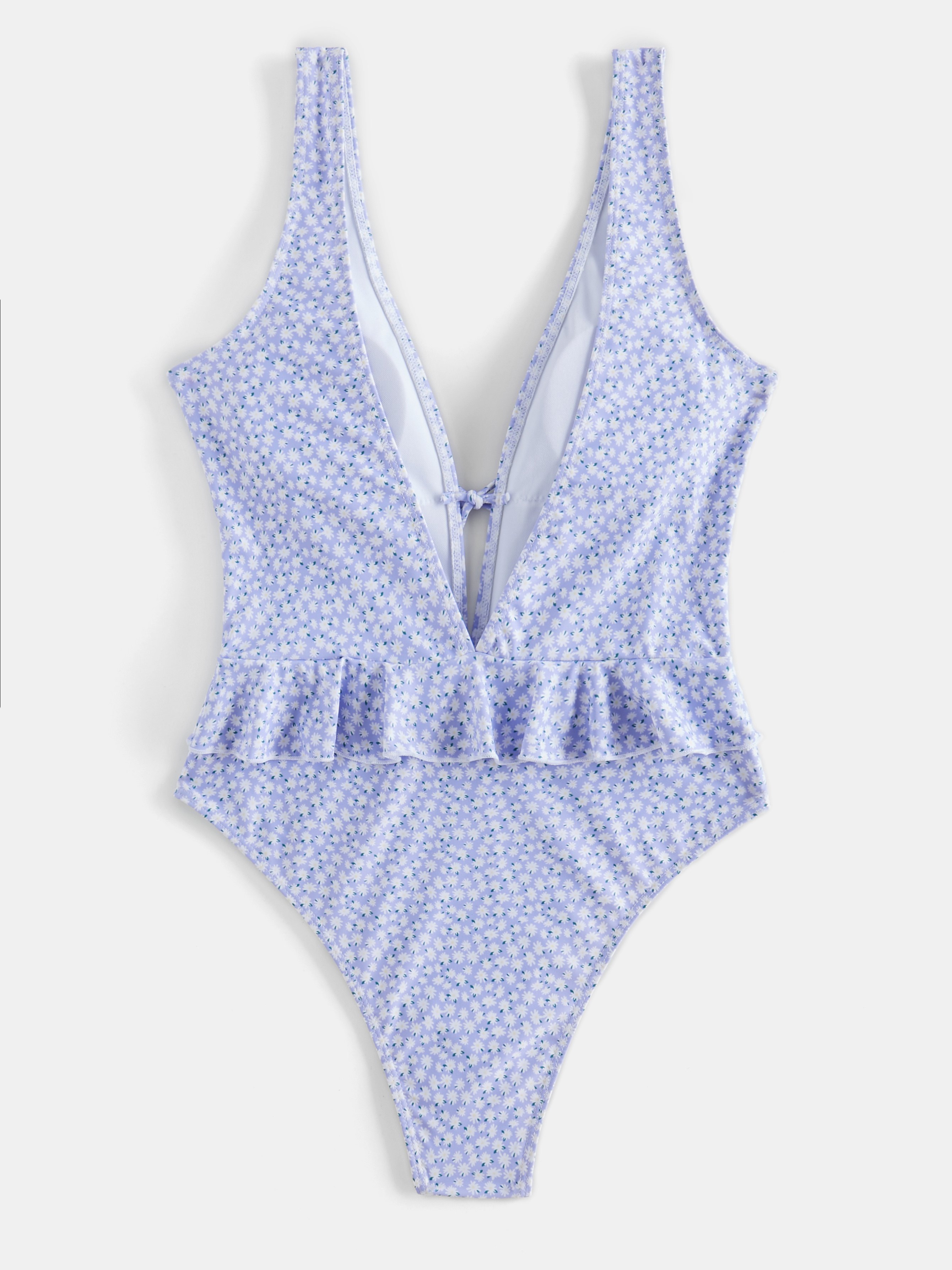 Ruffle Plunging Collar Floral Print One-Piece Swimwear