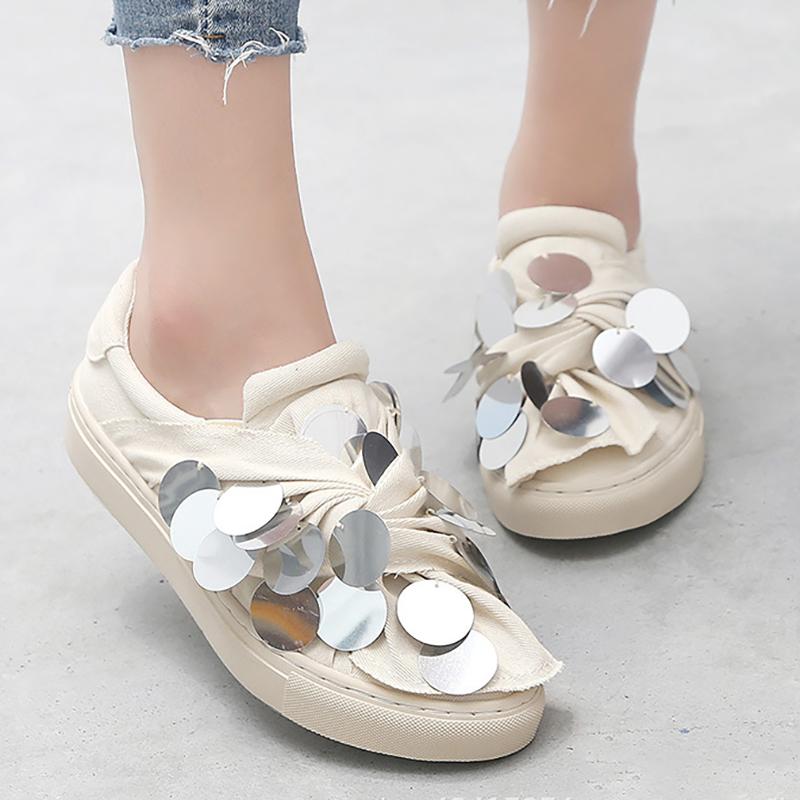 Women Canvas Loafers Casual Sequin Slip On Shoes