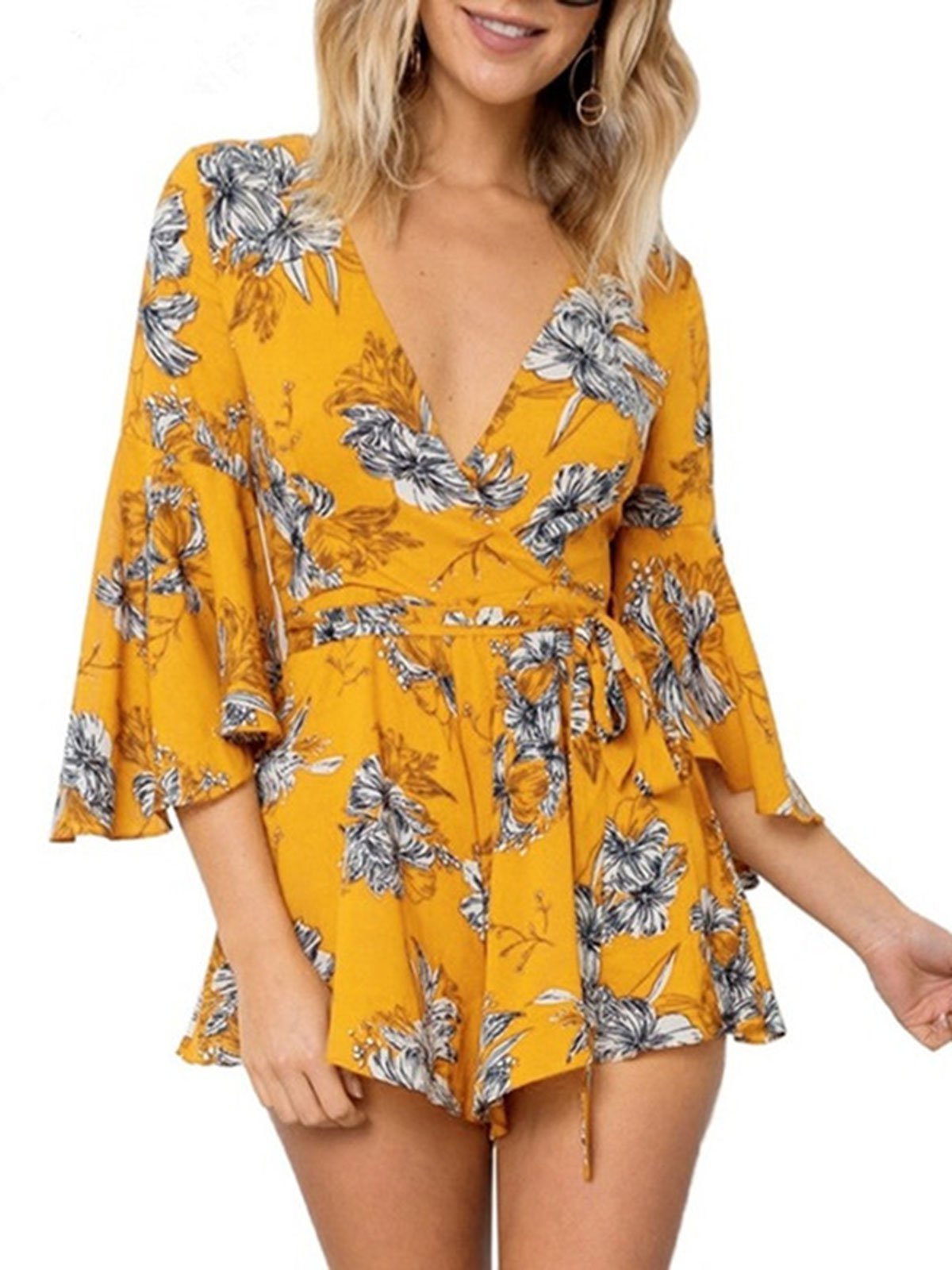 Women Chiffon Overlay Flare Sleee Floral Print Romper Dress