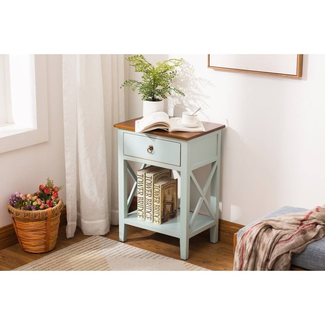 Porthos Home Unique Side Table Cabinet with Drawer,Shelf for Bedroom (Blue)