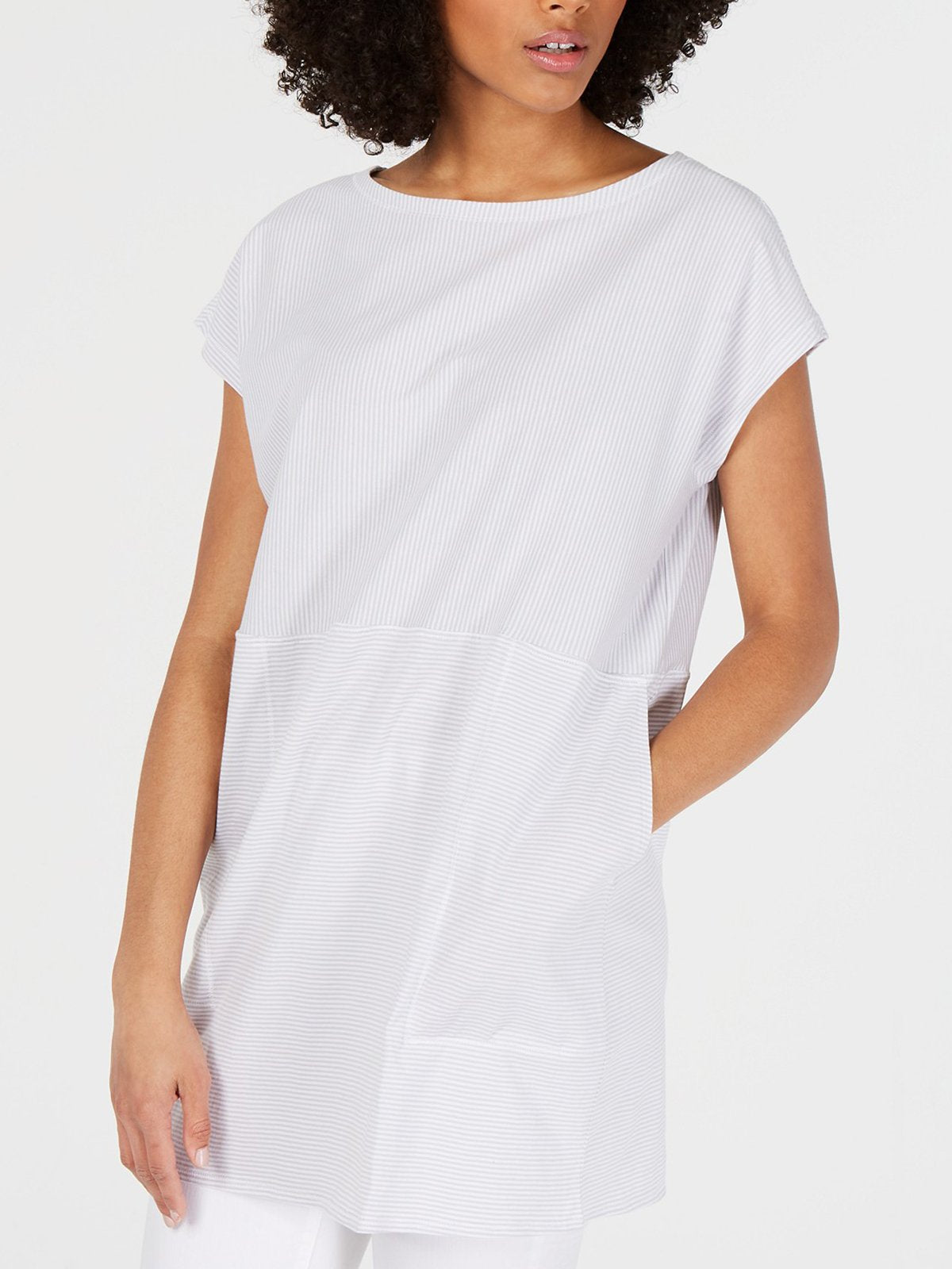 Plus Size Casual Striped Pockets Short Sleeve Tops