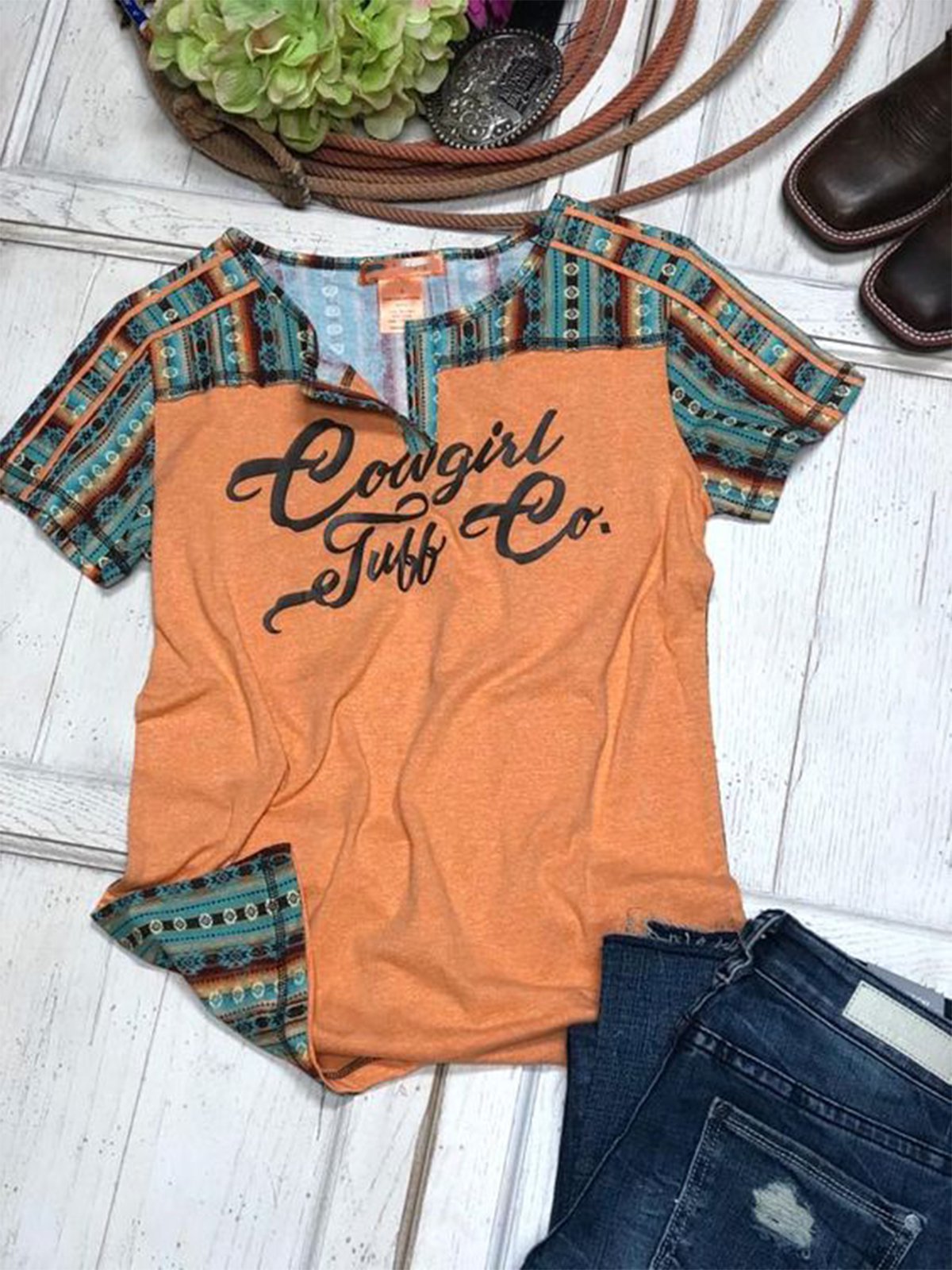 Cowboy Western Letter Floral-Print Shift Short Sleeve Shirts & Tops