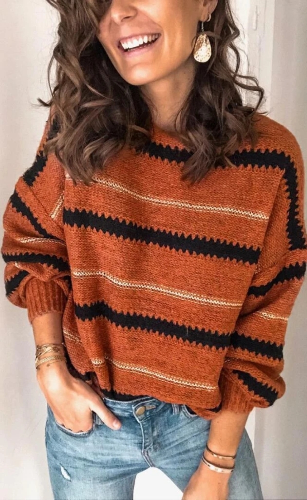 O Neck Striped Loose Pullover Sweater