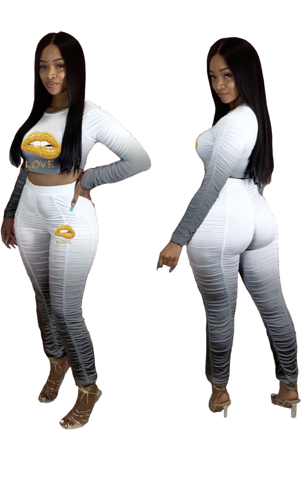 Fall Lips Print Two Piece Ruched Pants Set