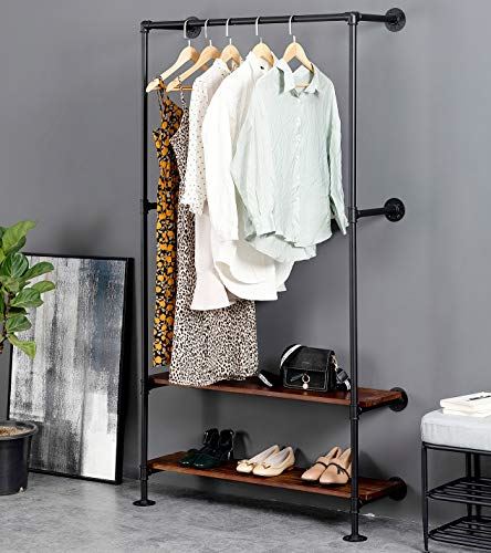 Industrial Pipe Hanging Wall Mounted clothes Rack with Natural Wood Base
