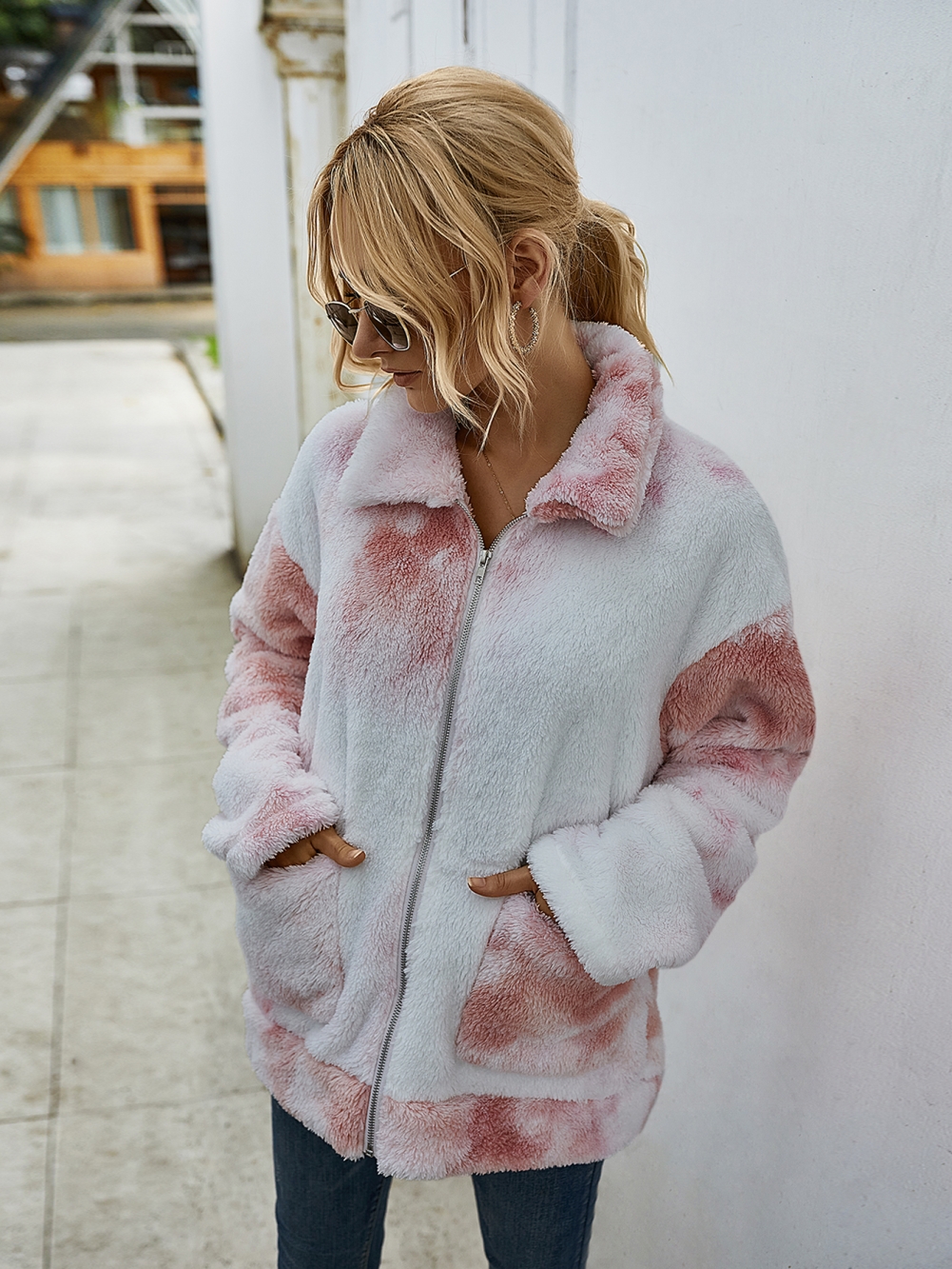 Tie Dye Plush Zipper Jacket with Pockets