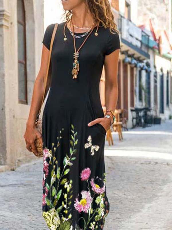 Cotton-Blend Short Sleeve Crew Neck Floral-Print Dresses