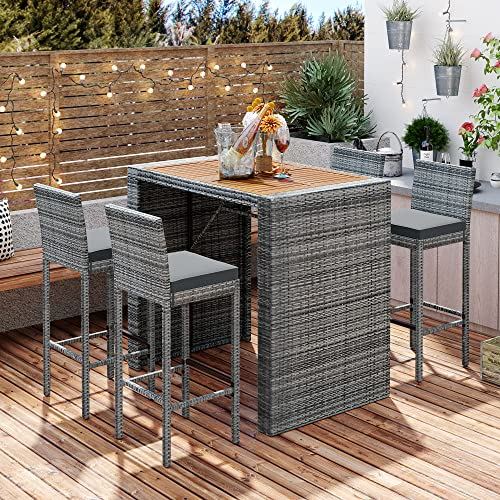 5-Pieces Outdoor Patio Rattan Counter Height Dining Set, All-Weather Wicker Bar Table Set Conversation Set, Acacia Wood Table Top, Bar Height Chairs with Removable Cushion