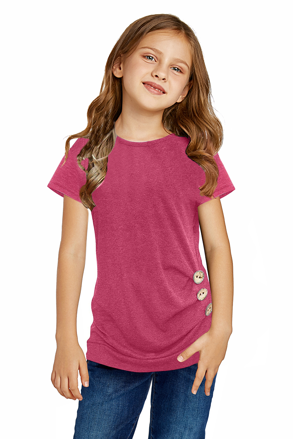 Rose Side Button Detail Short Sleeve T Shirt for Little Girls