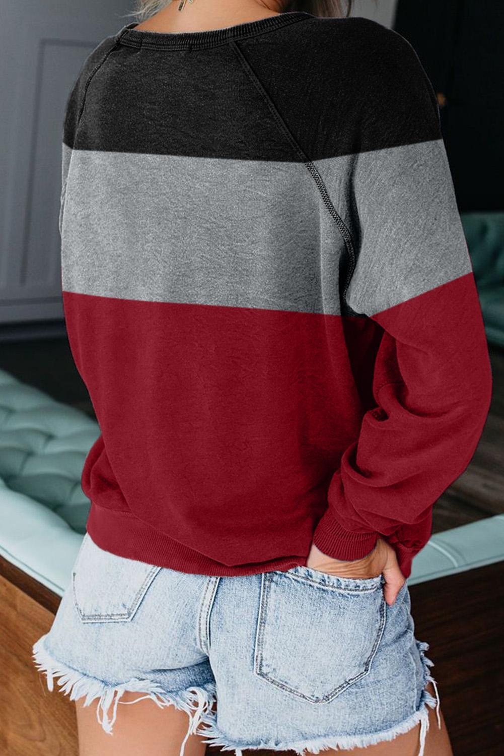 Red Raglan Sleeve Color Block Pullover Sweatshirt