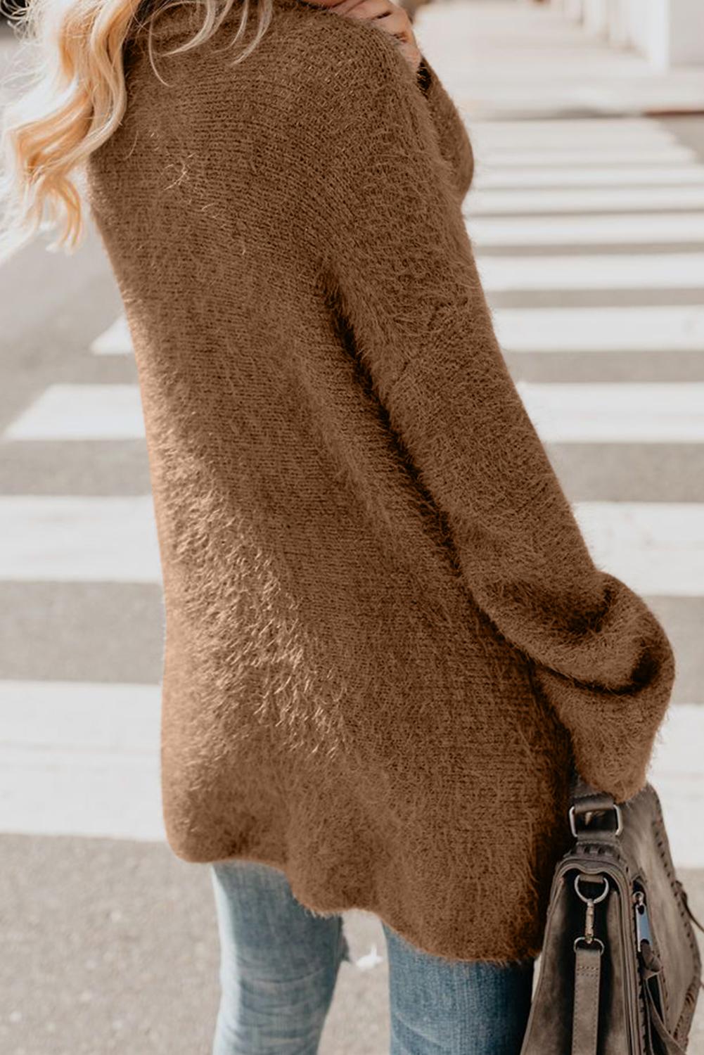 Brown Warm Fuzzy Double Breasted Pocketed Cardigan