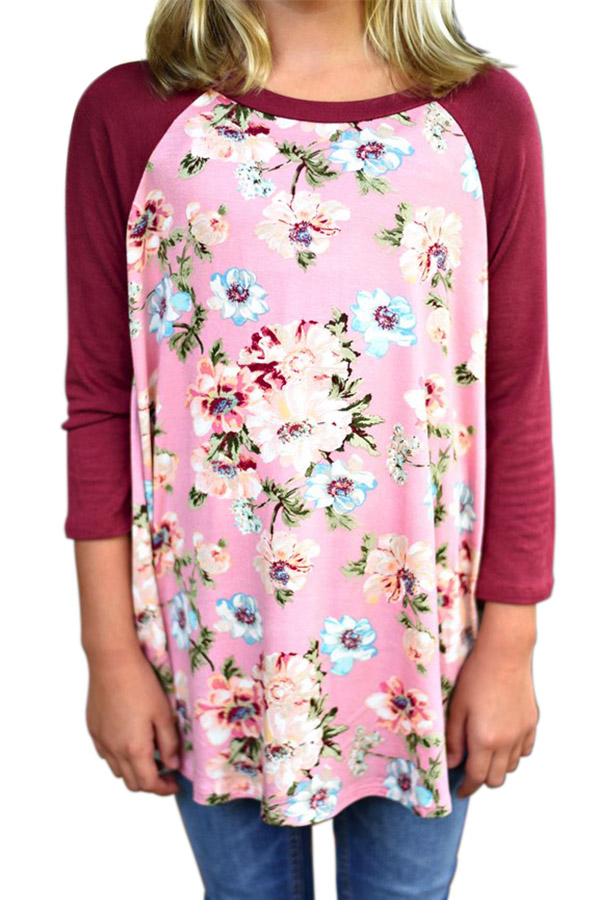 Red Kids Floral Baseball Top