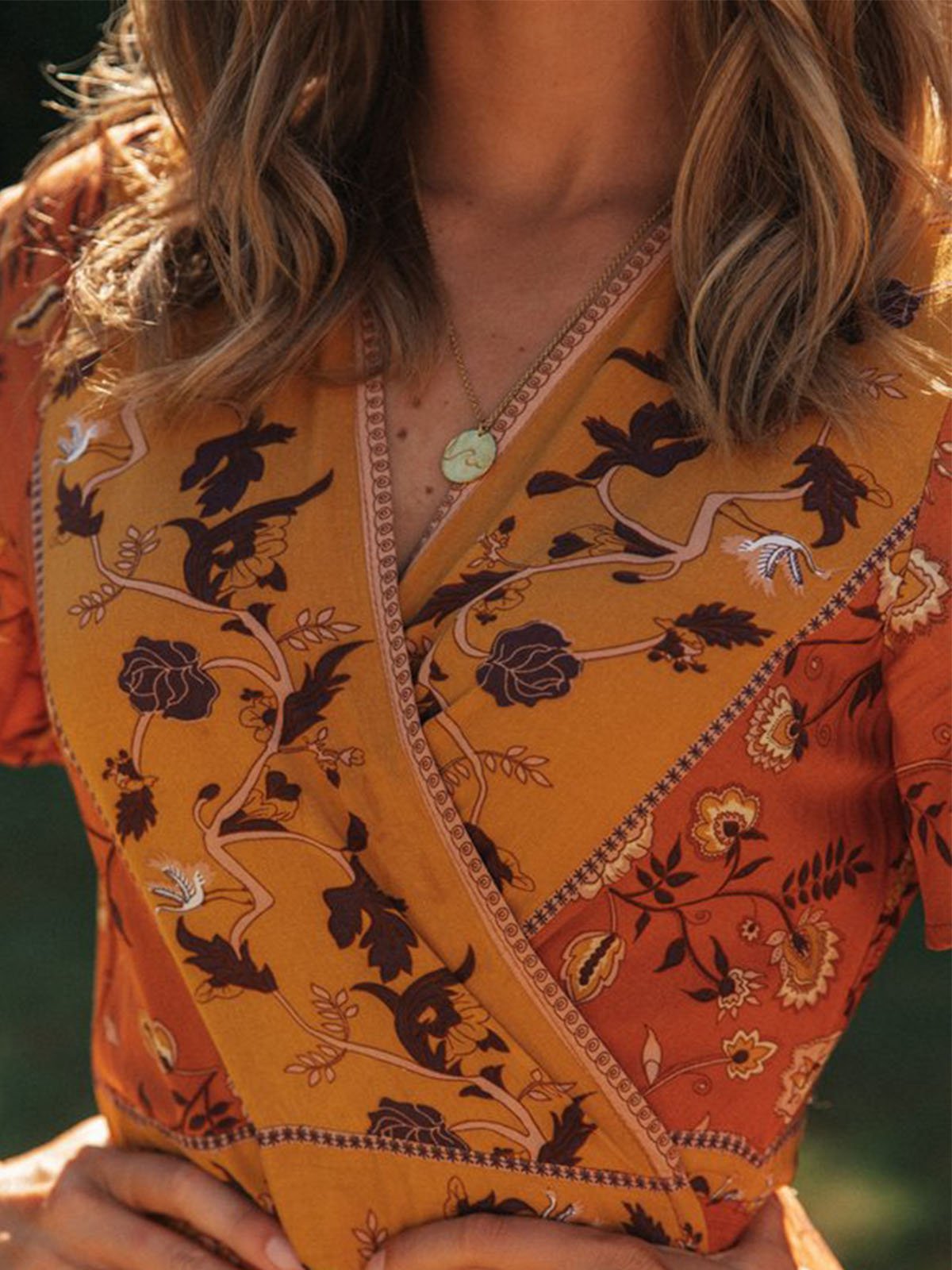 Yellow Floral-Print Short Sleeve Dresses