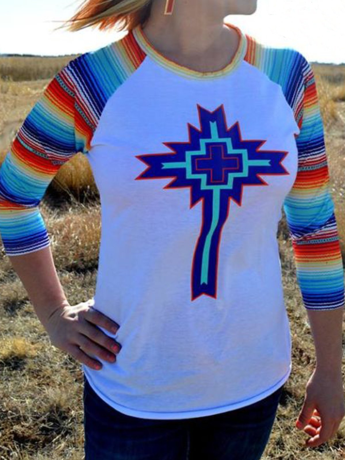 White Long Sleeve Printed Round Neck Tops