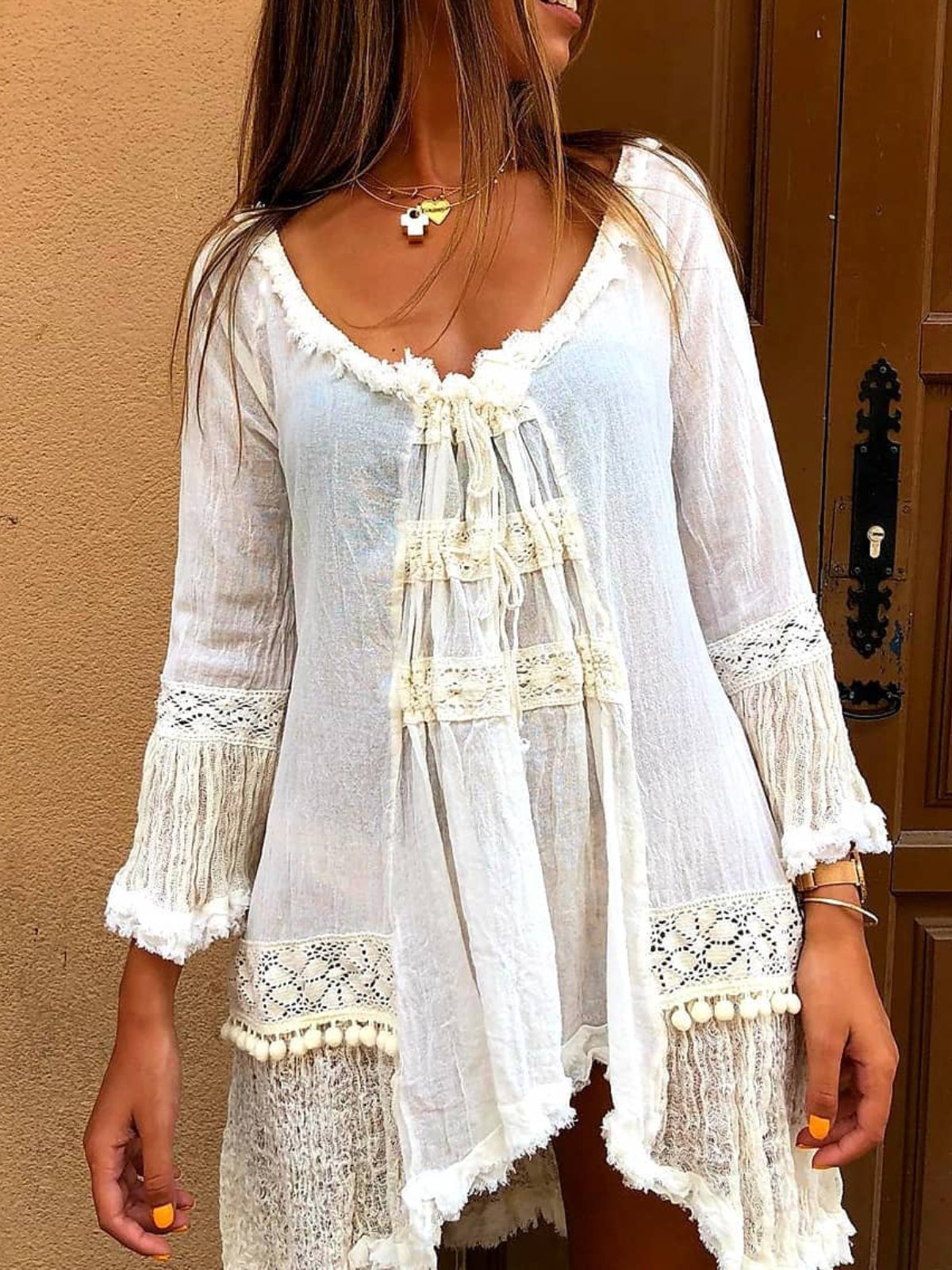 Solid V Neck Guipure Long Sleeve Shirts & Tops