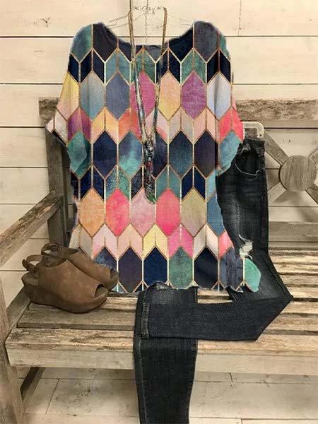 Printed Short Sleeve Cotton-Blend Casual Shirts & Tops