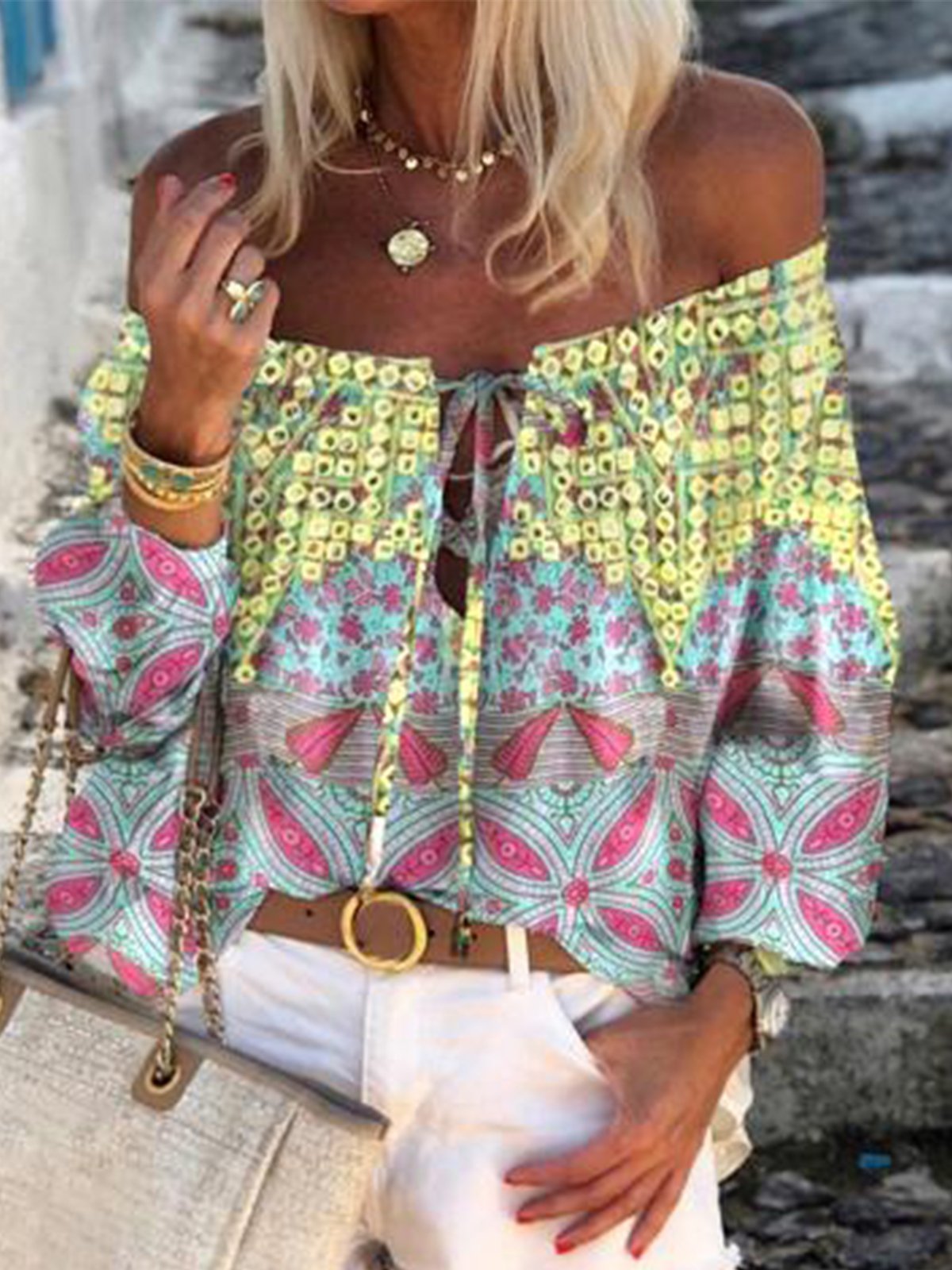 Multicolor Off Shoulder Printed Cotton-Blend 3/4 Sleeve Shirts & Tops