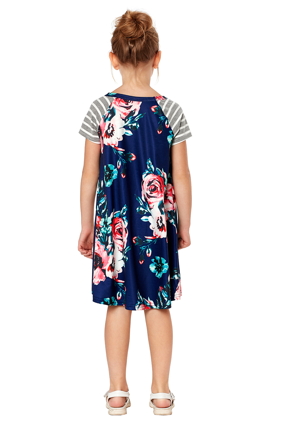 Blue Stripes Short Sleeve Floral Little Girl Dress