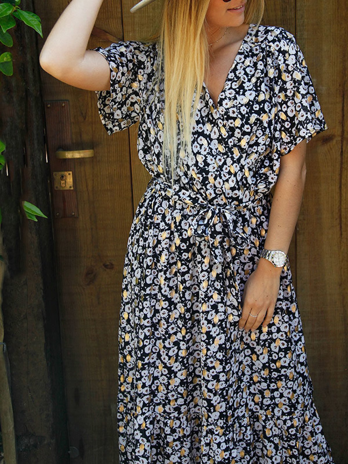 Black V Neck Chiffon Printed/dyed Short Sleeve Dresses