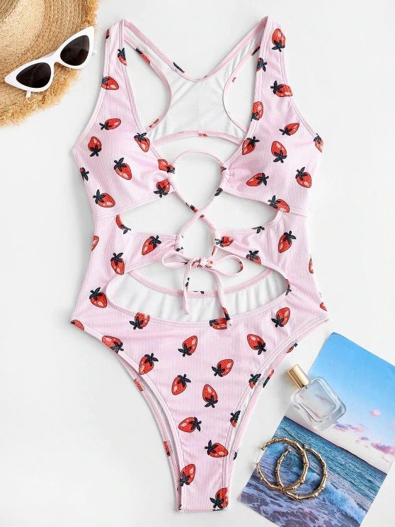 Crisscross Strawberry Print One-Piece Swimwear