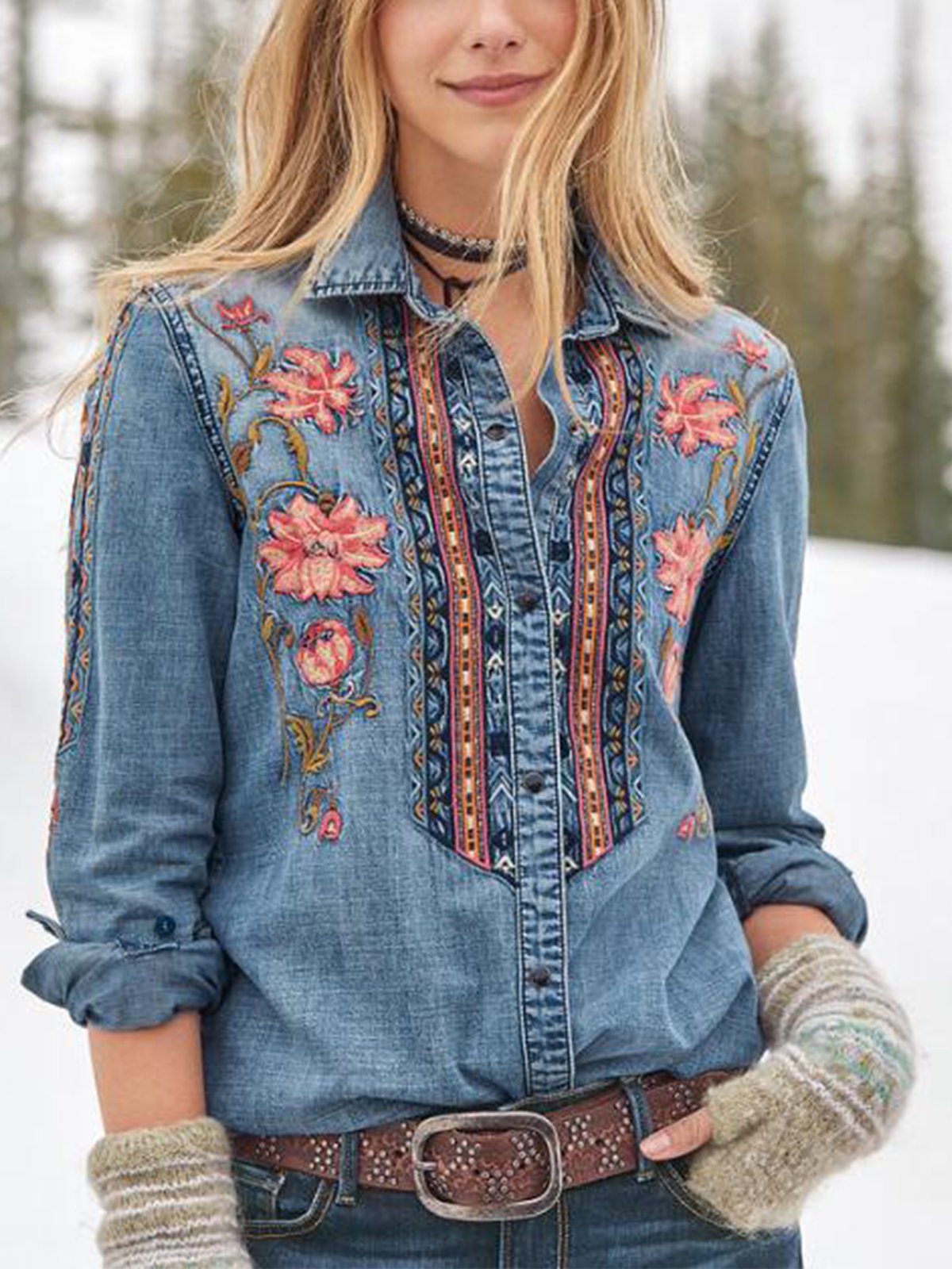 Floral Shawl Collar Casual Long Sleeve Shirts & Tops