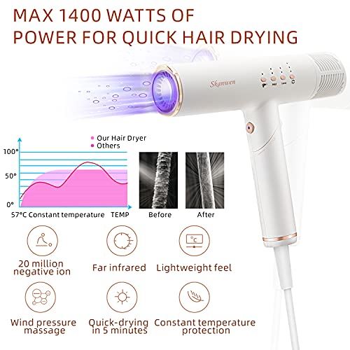 Foldable Hair Blow Dryers with 4 Settings, 3 Speed, 3 Temperatures,2 Nozzles