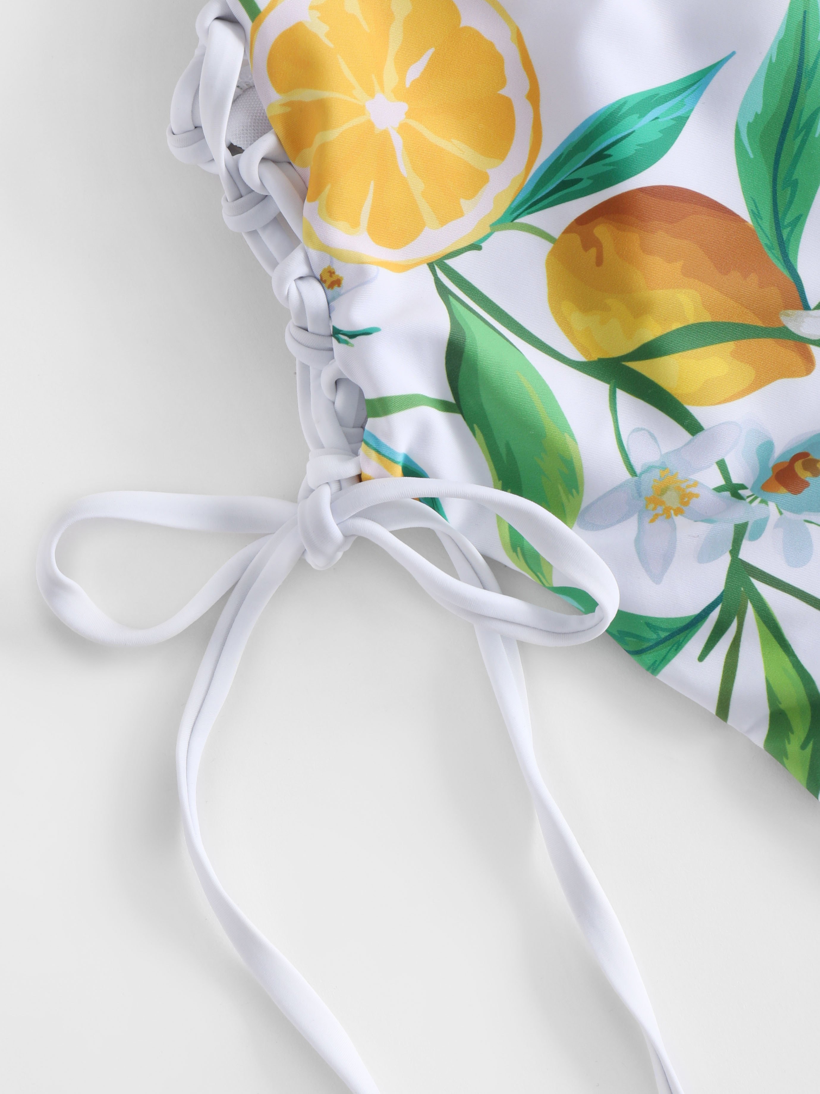 Lemon & Floral Print Cinched Side Plunge Swimsuit