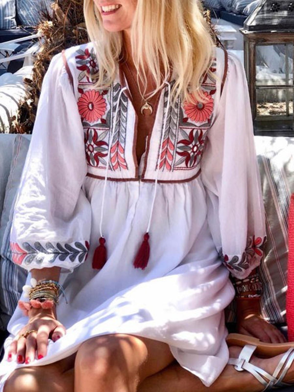 White Holiday Casual Boho Floral Printed A-Line V Neck 3/4 Sleeve Dresses