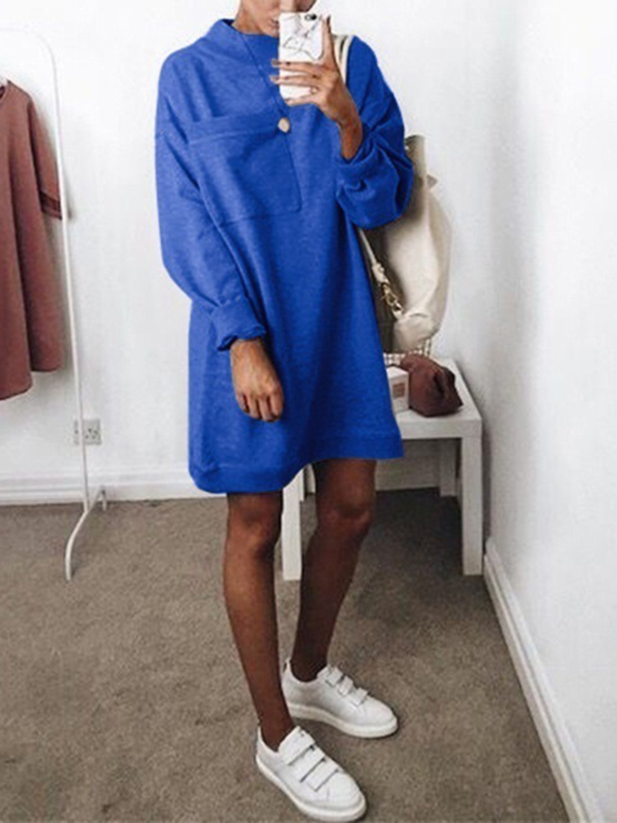 Round Neck Long Sleeve Plain Pocket Fashion Casual Dress