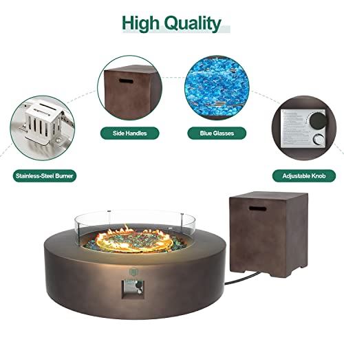 UPHA 42” Patio Propane Gas Concrete Fire Pit Table, Round with Wind Guard and Fire Table Tank, 50000 BTU Auto-Ignition Fire Table, 42”L x 42”W x 13”H, Brown