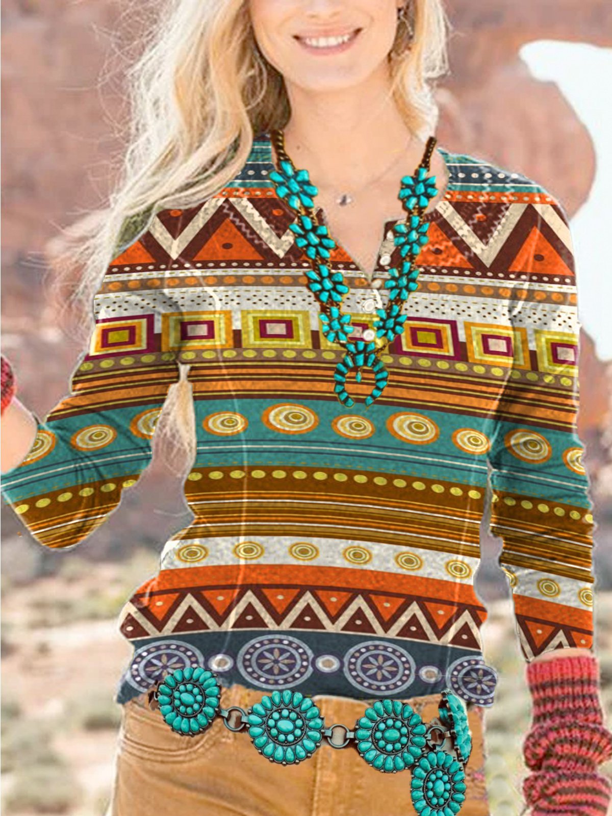 Long Sleeve V Neck Tribal Casual Shirts & Tops