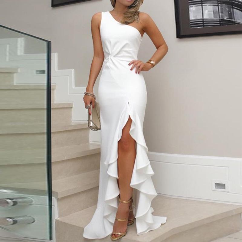 Early Autumn Oblique Collar Ruffles Sleeveless Elegant Bodycon Dress